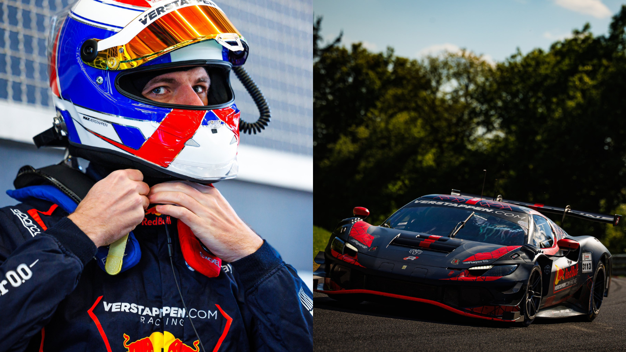 Max Verstappen (L) and Emil Frey Racing's Ferrari 296 GT3 car (R)