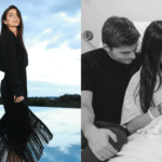 Kelly Piquet (L) and Max Verstappen with baby Lily (R)