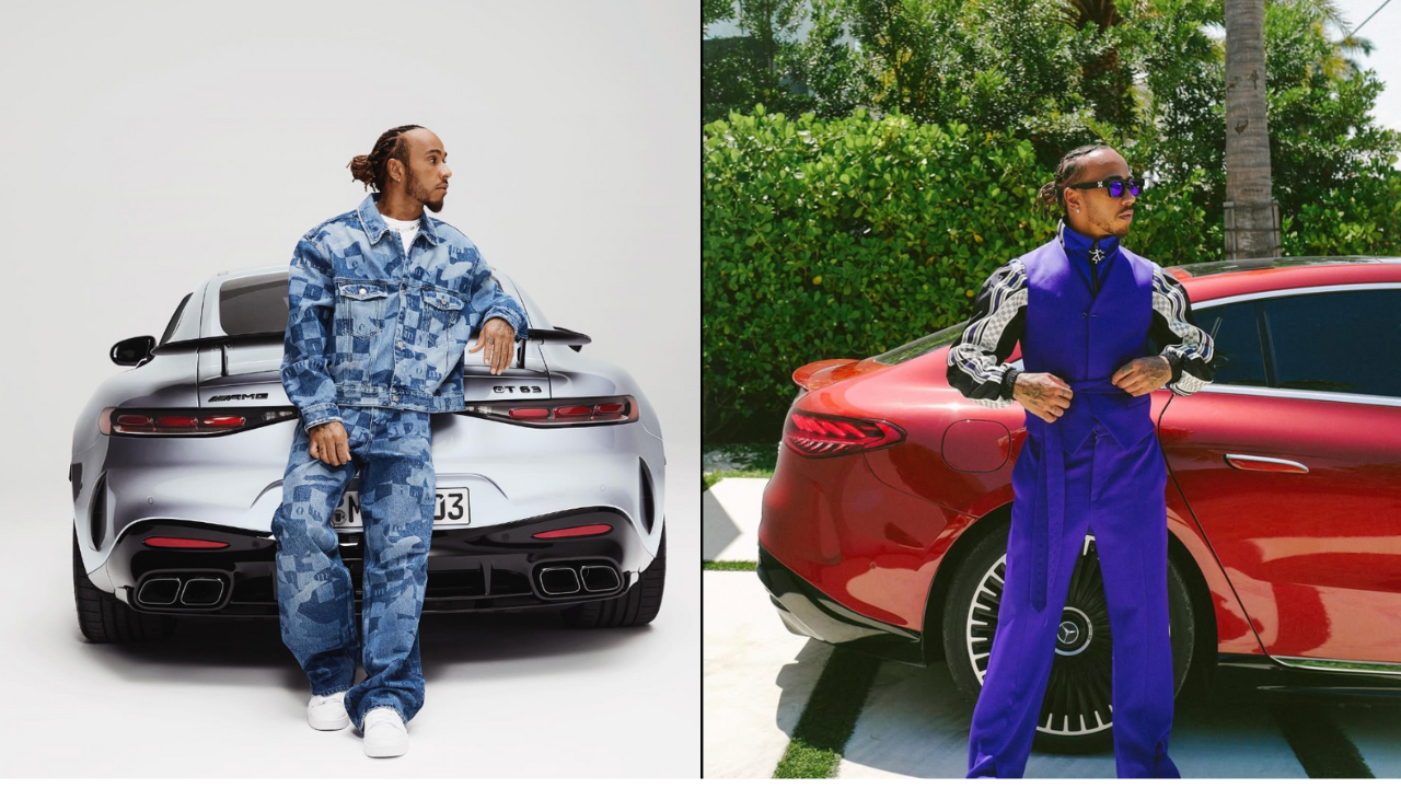 Lewis Hamilton with Mercedes cars
