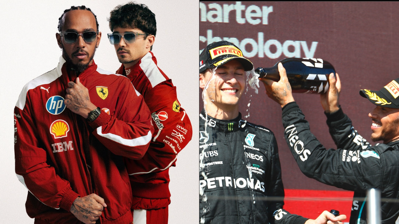 Lewis Hamilton with Charles Leclerc and George Russell